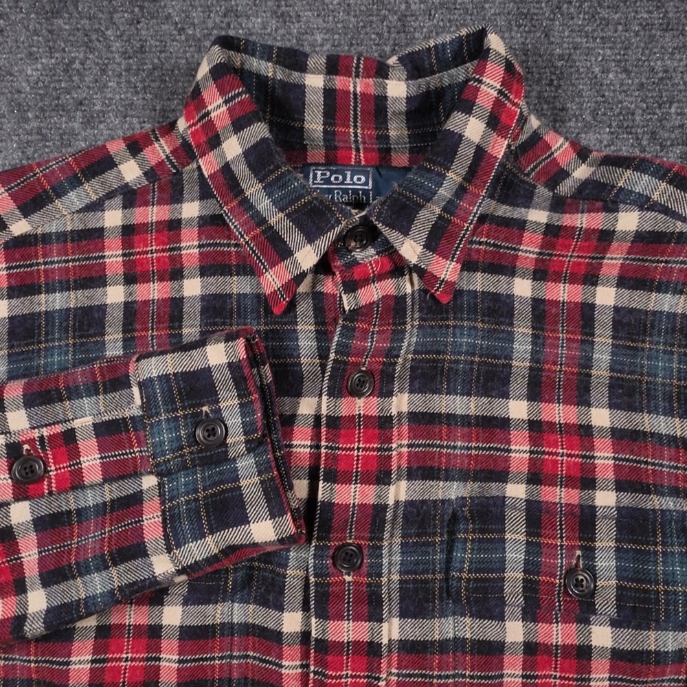 Polo Ralph Lauren Flannel Shirt Womens Medium Plaid Cozy Flap Pockets Preppy